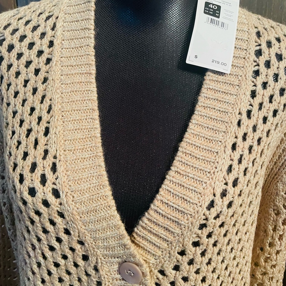 Open-Knit Beige Button-Front Cardigan Sweater - Picture 2 of 5